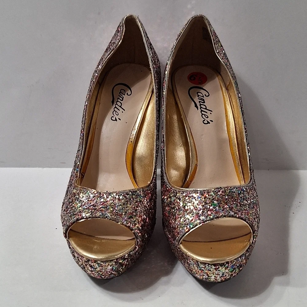 Candies Bohemian Retro Glitter Rainbow Peep Toe Platform Stiletto Heels Size 6.5